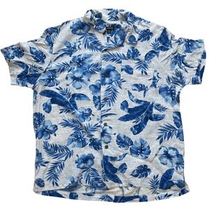 GEORGE Mens L 42-44 Tropical Floral Hawaiian Button Down Shirt Blue White
